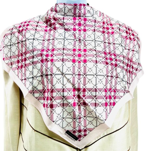 New W/Tag  Burberry Miniscarf/handkerchief 19.5" Cotton/Silk Pink White check(12 - Picture 1 of 6